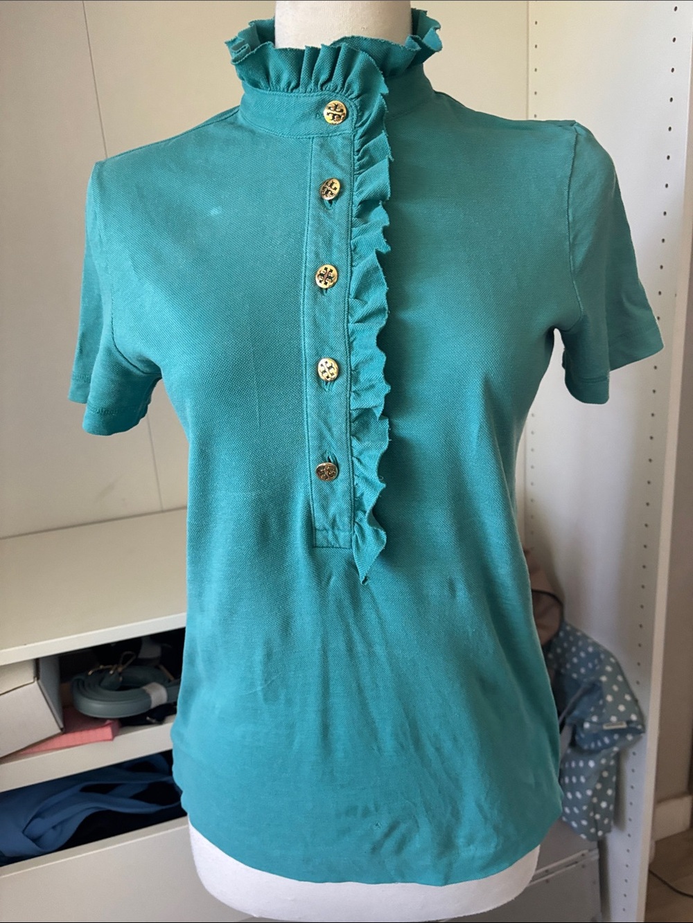 Tory Burch Teal Ruffle-Placket Short Sleeve Polo